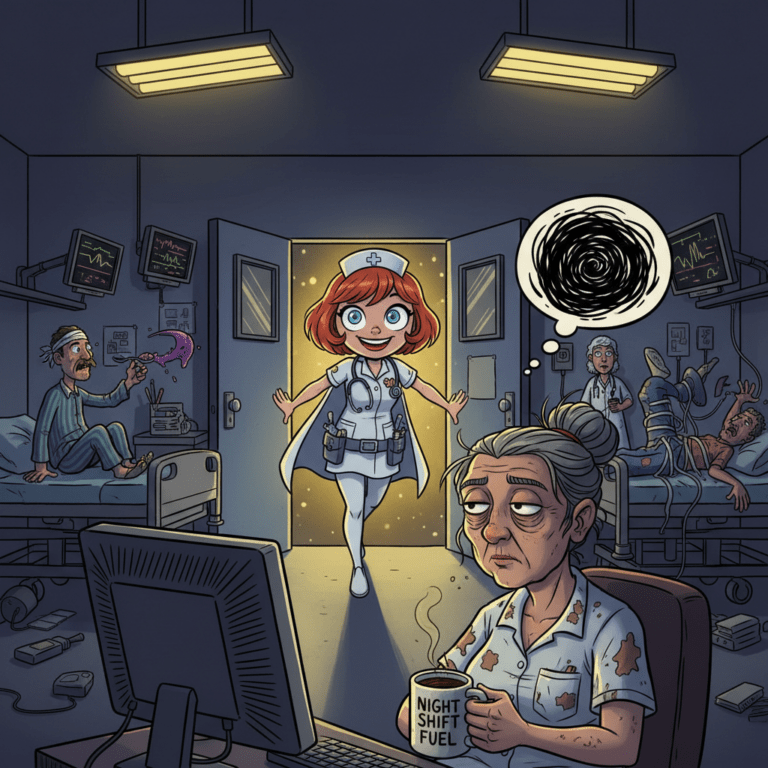 Humorous illustration of night shift nursing expectations and reality
