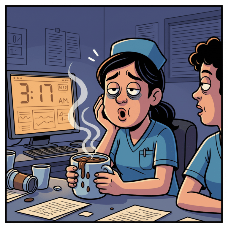 Humorous illustration of a nurse and night shift slang