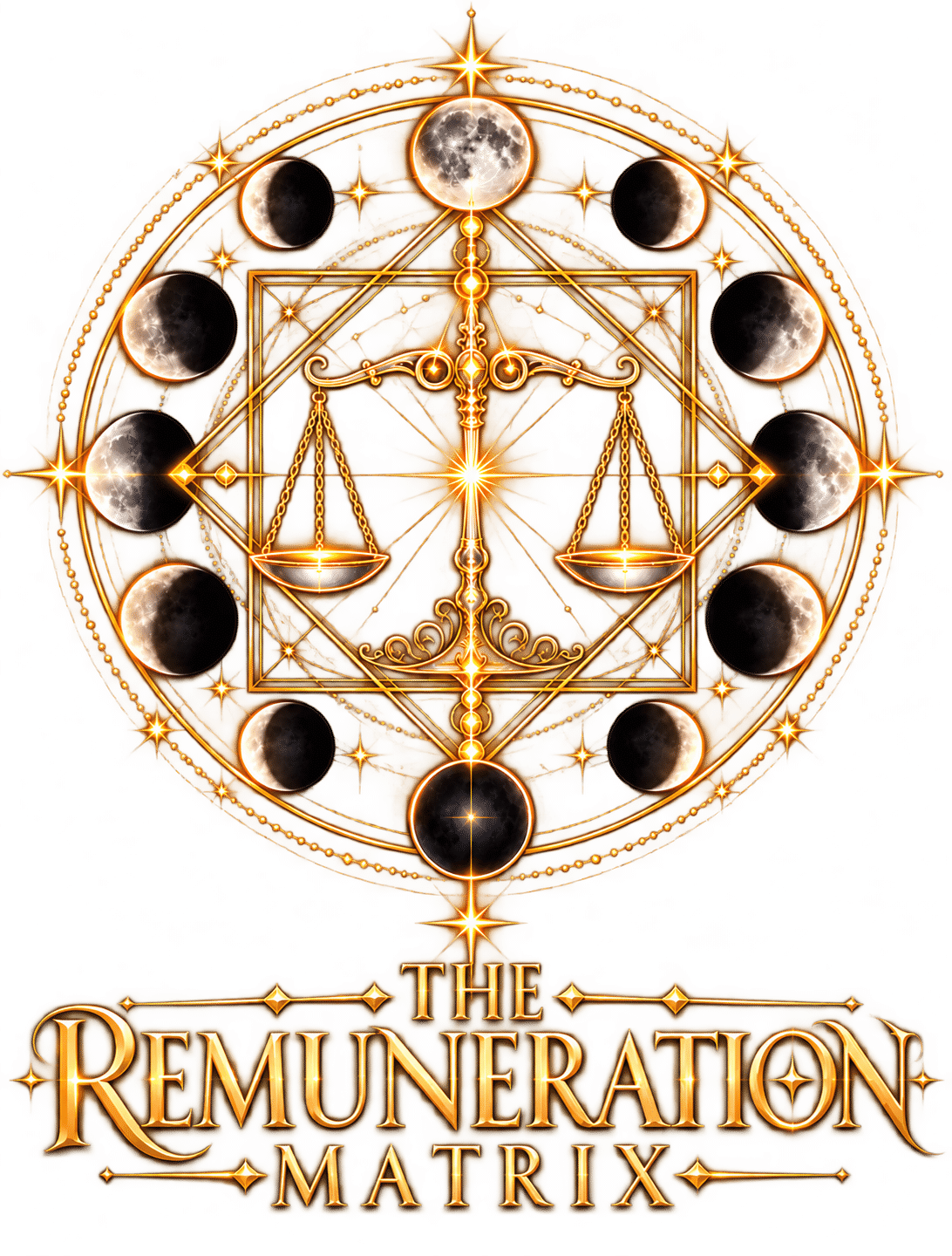 The Remuneration Matrix official sacred geometry emblem with a golden scale, moon phases, and protective wings by The Owl Nurse.