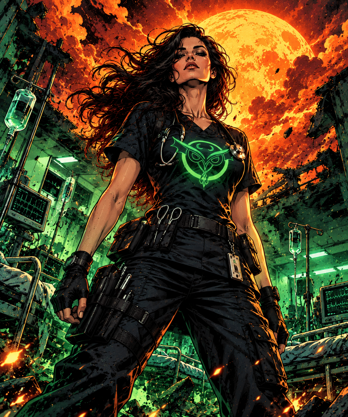 Female nurse warrior with a glowing green owl emblem standing in a ruined hospital amid fiery orange light, sparks and debris.